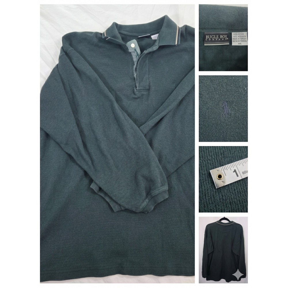 Vintage Bugle Boy Shirt XXL Green Long Sleeve Polo Ribbed Textured 90s Skate‎
